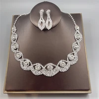hot sale women wedding bridal rhinestone gold plated silver necklace earrings jewelry woman crystal rhinestone beads jewelry set