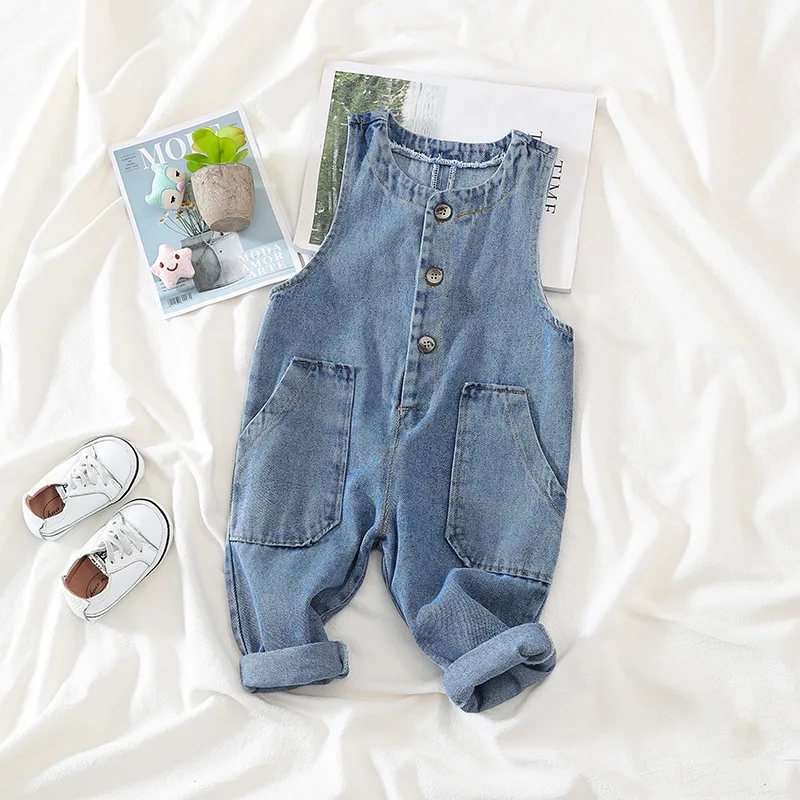 Однотонный джинсовый комбинезон для девочек и мальчиков Детские повседневные