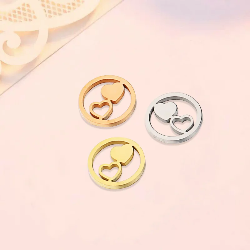 

100% Stainless Steel Hollow Round Heart Charm Rose Gold/Gold/Silver Color Metal Heart Charms Mirror Polished Wholesale 20pcs
