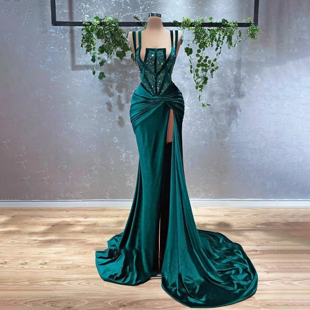 

Laxsesu Dubai Velvet Mermaid Evening Dresses Sexy High Side Split Dark Green Sweep Train Celebrity Party Dress 2021 Prom Gown