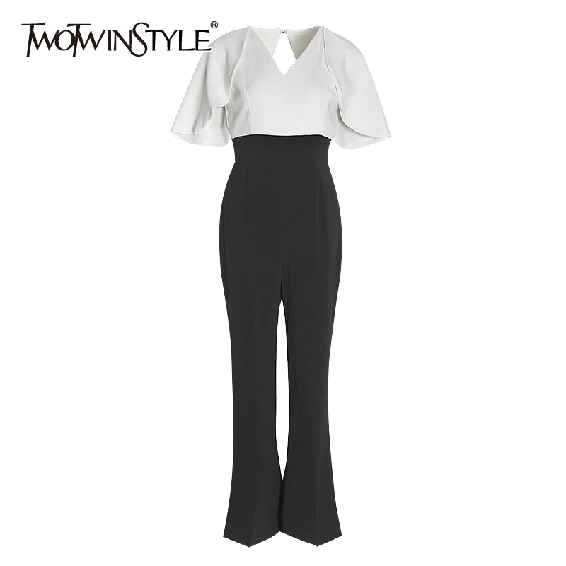 TWOTWINSTYLE элегантный лоскутный хит цветной женский комбинезон с v образным вырезом