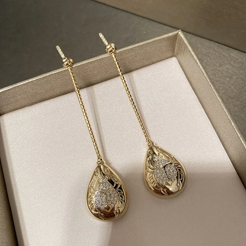 Mysterious Scarab Pendant Earrings Gold Beetle Thin Female Long Atmospheric | Украшения и аксессуары