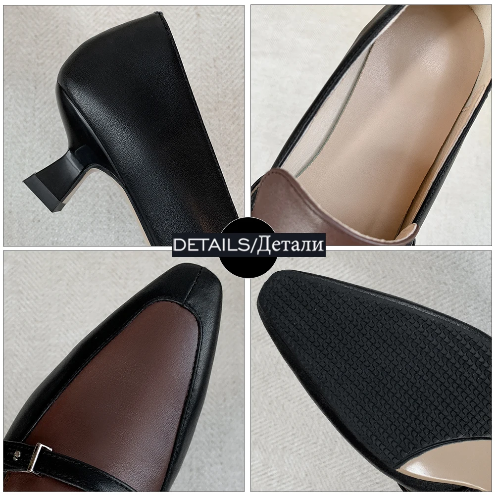 

ISNOM New Style Women Pumps Genuine Leather Shoes Woman Mixed Color Kitten Heels Pumps Ladies Med Heel Shoes Skid Proof Sole