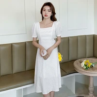 french retro splicing black midi dress korean women 2021 new summer waist slim temperament bubble sleeve square neck long dress
