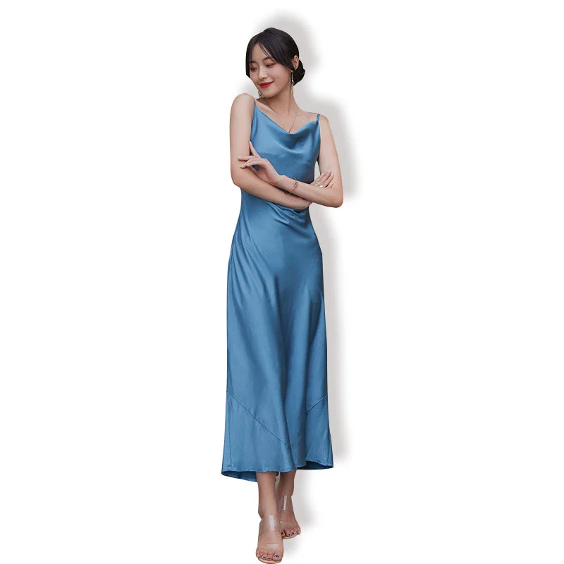 

Acetic Acid Satin Suspender Long Dress 2021 Women's Summer New High-quality Textured Slim Holiday Dresses Vestido De Mujer