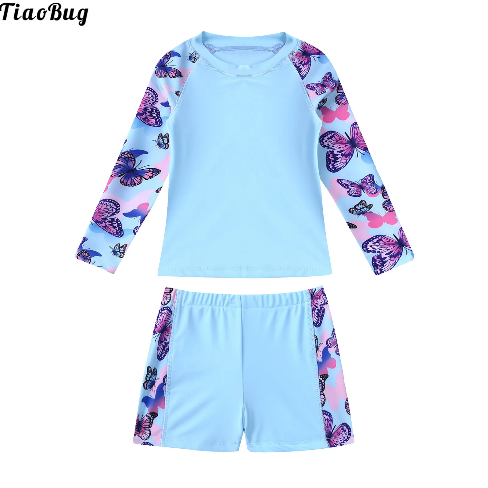 

TiaoBug 2Pcs Kids Girls Summer Swimsuit Round Neck Long Sleeves Cartoon Floral Print Top And Boyshorts Set Beach Bathing Suits