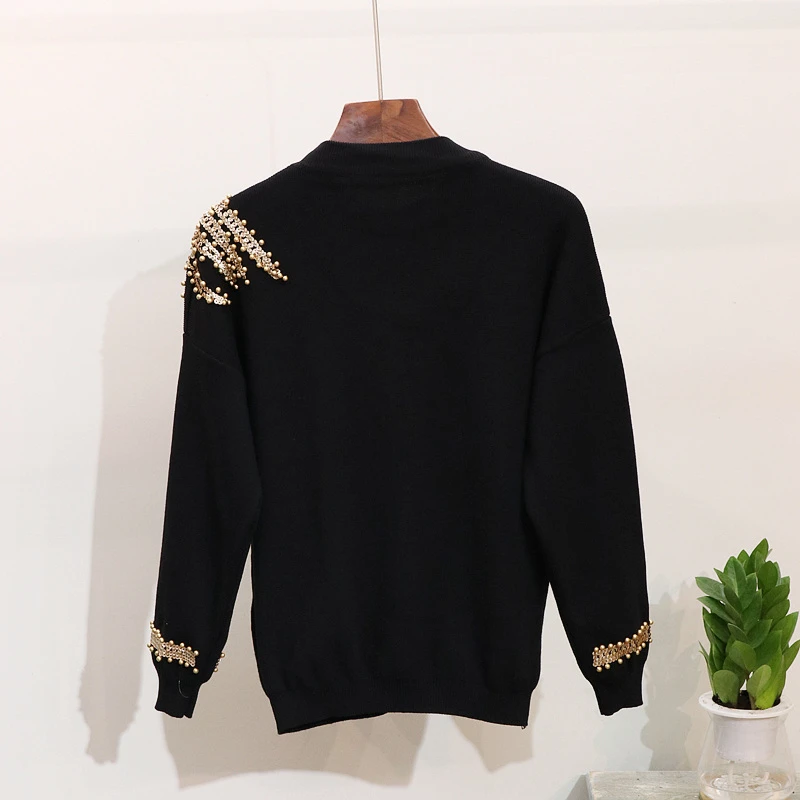 

Winter Autumn 2020 Knitted Women Tracksuit 2 pieces Set Pearls Phoenix Sweater Knit Pants Black Set Casual Women Two Piece Set