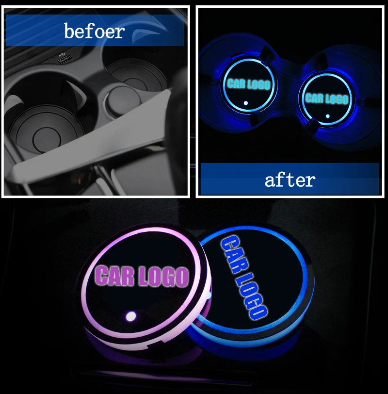

2X Car Dome LED Cup Holder Car Interior Light USB Colorful Atmosphere Light Beverage Holder Anti-slip Mat Product Bulb