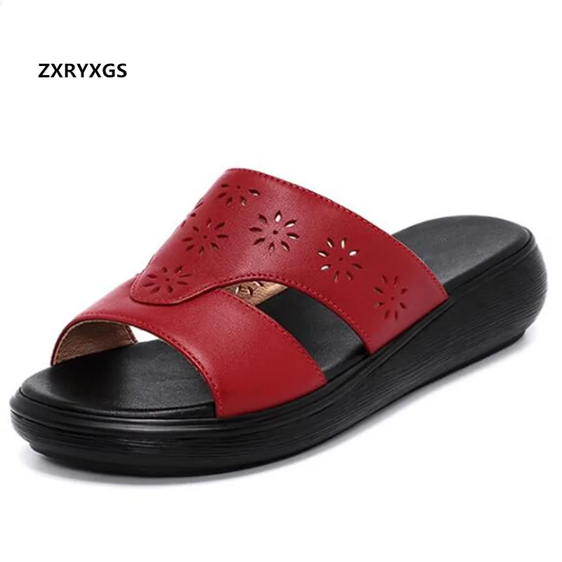 

2021 New Summer Hollow Soft Cowhide Sandals Comfort Shoes Woman Platform Sandals Increased Shoes Women Sandals Casual Large Size