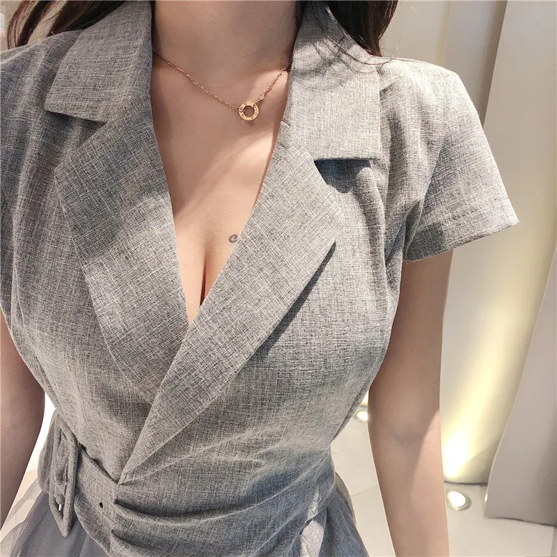

Retro Turn Down Collar Suits Dress Mesh Stitching Blazer Gauze Irregular Skirt Short Sleeve Lace Up OL Irregular Ruffles Dress