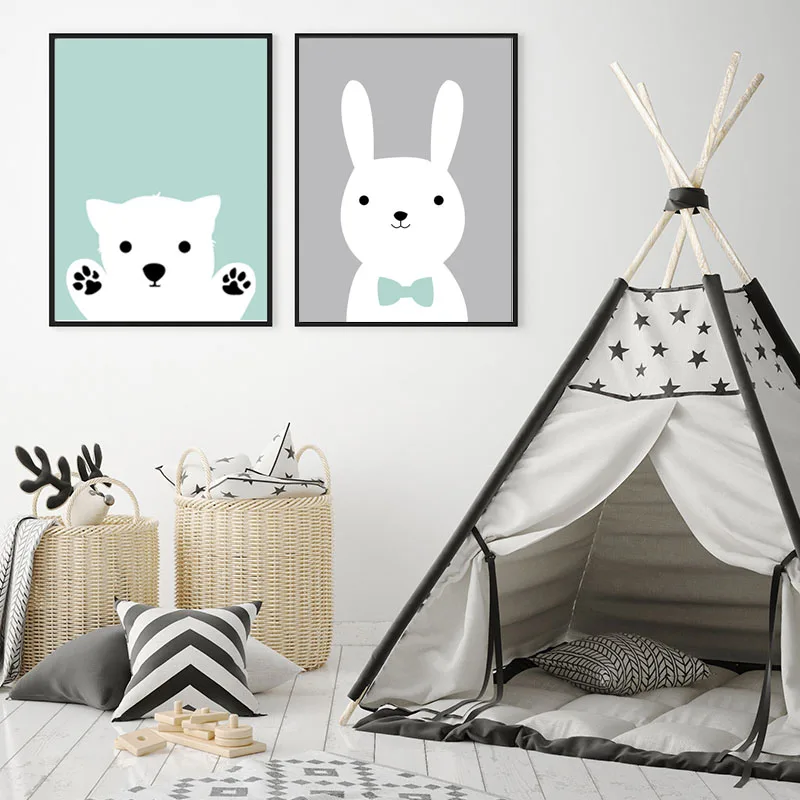 Мультяшный кролик медведь детская настенная живопись на холсте минималистичный