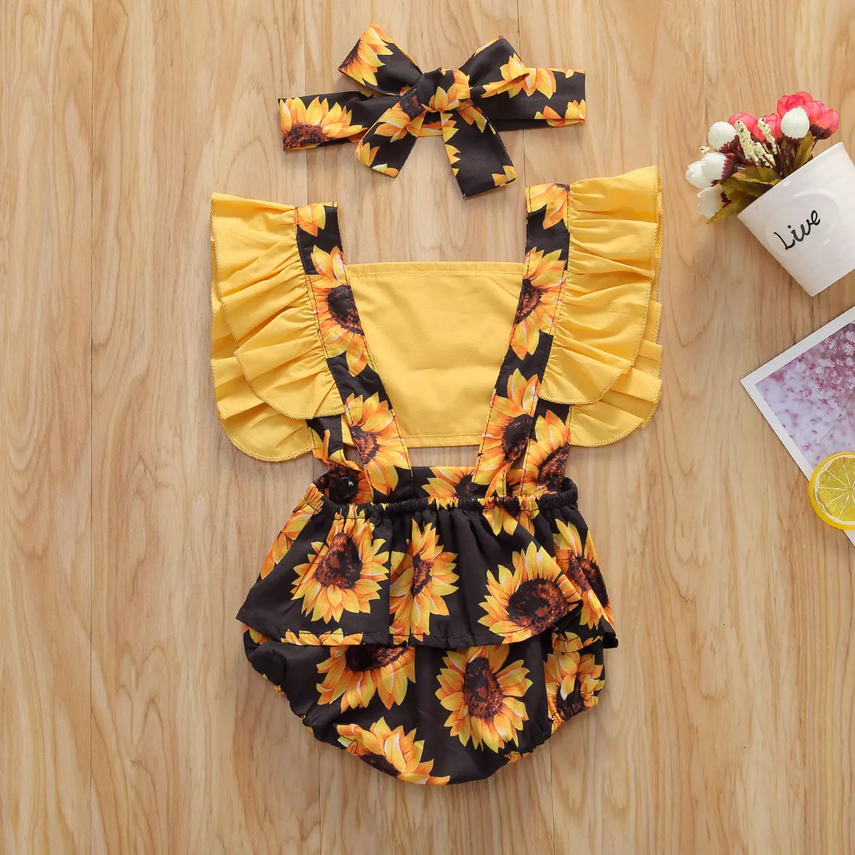 

Infant Newborn Baby Girls Summer Bodysuit Print Sunflower Patchwork Ruffled Sleeve Jumpsuit Headband 2Pcs Set 0-24M