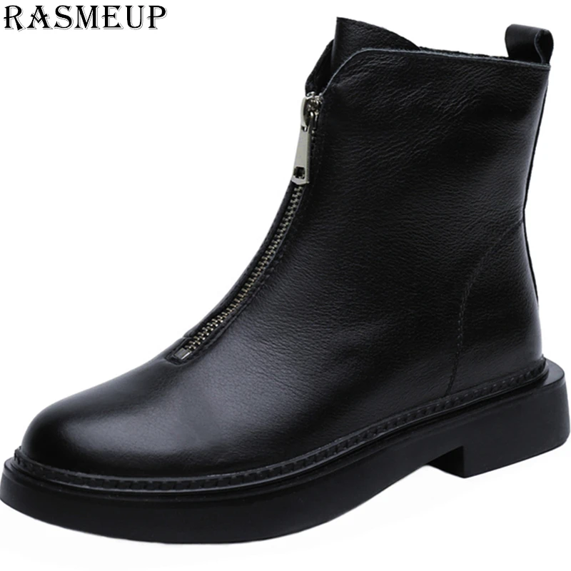 RASMEUP/женские зимние ботильоны из натуральной кожи; коллекция года; Модные женские Ботинки martin на платформе с молнией спереди; теплая женская обувь