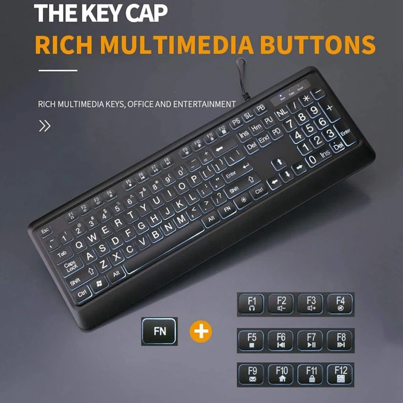 

Роскошная клавиатура с подсветкой, проводная USB-клавиатура с большой печатью, с клавишами контрастности и белым светодиодом