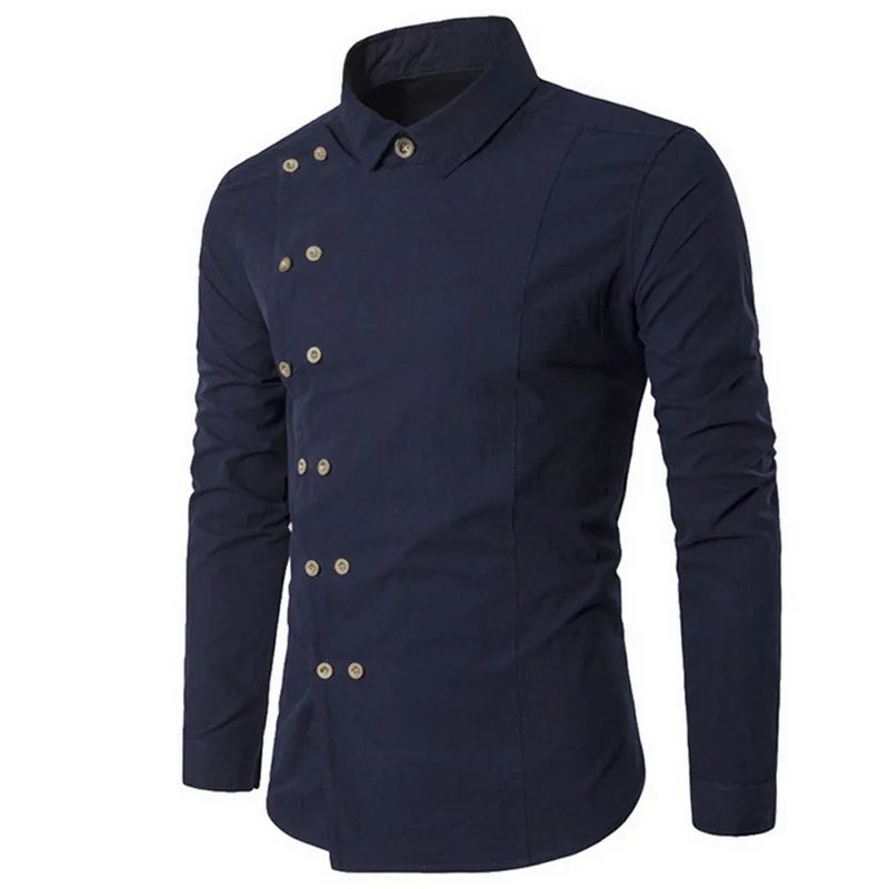 

Plus Size 2020 Men Double Breasted Slim Fit Long Sleeve Turn Down Collar Shirt Male Solid Casual Vintage Court Style