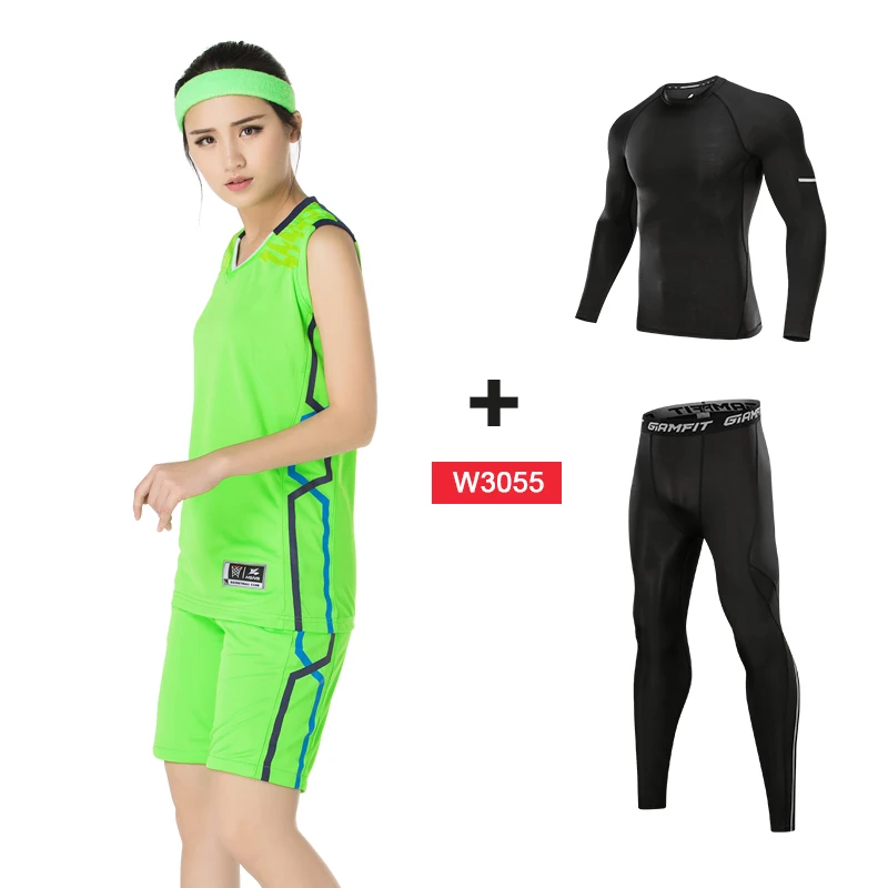 W3055 green suits Компрессионные спортивные костюмы для баскетбола, трико для бега, женские леггинсы для бега, одежда для фитнеса, тренажерного зала, трикотажные баскетбольные штаны, 4 шт - Цвет: W3055 green suits