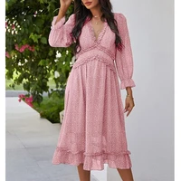 fashion pink floral print ruffles dress women casual vintage boho v neck high wasit long sleeve dress 2021 new summer vestidos