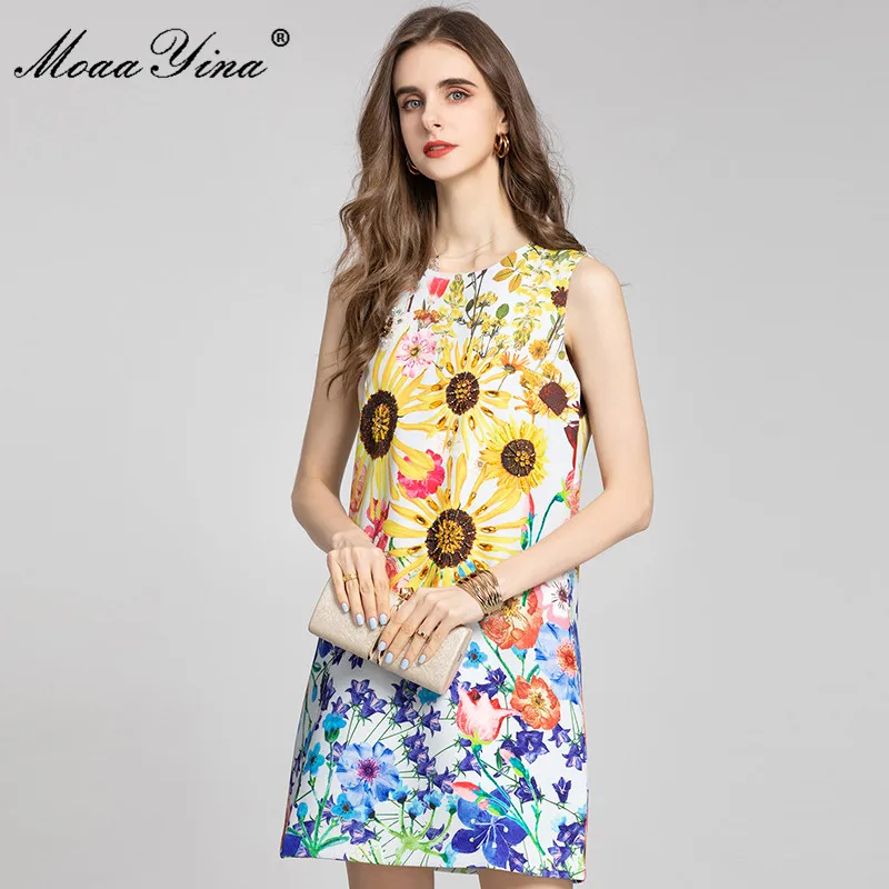 

MoaaYina Fashion Runway dress Summer Women's Dress Sleeveless Beading Floral print Vintage Elegant Party Dress