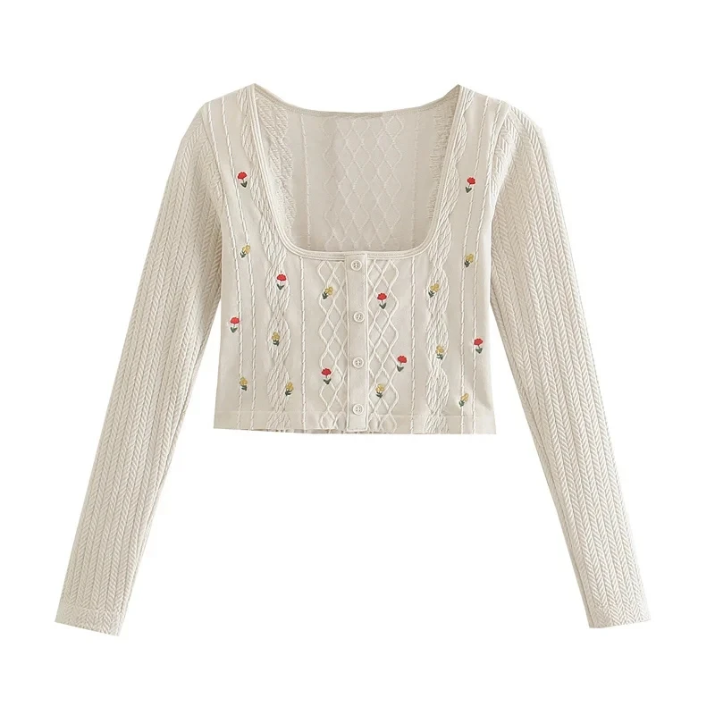

ZA 2021 autumn new women's clothing fashion casual European and American style flower embroidered square collar cardigan