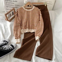 style suit womens retro chic striped sweater 2021 early autumn fashion casual wide leg jeans two piece suit fashion