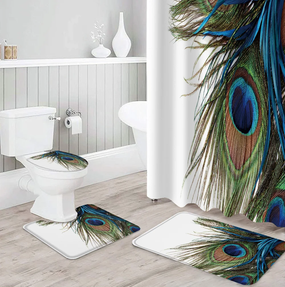 С принтом павлиньи перья Белая Ванная комната Шторы комплект набор ковриков для