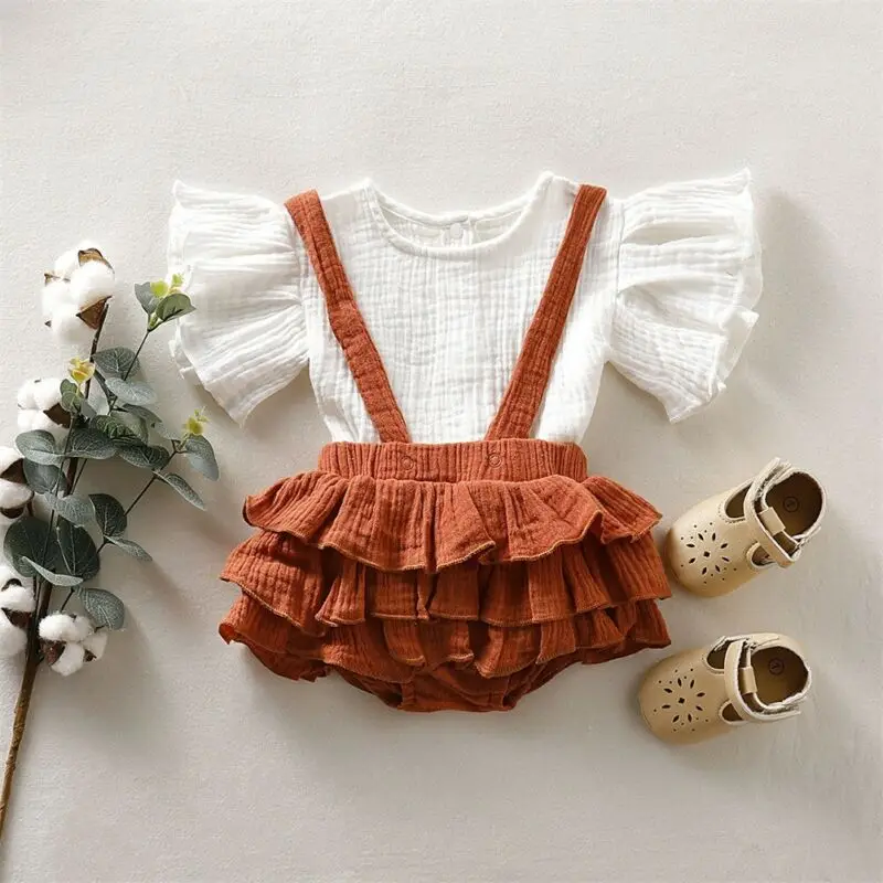 Хлопковый льняной Топ для маленьких девочек рубашка юбка на подтяжках платье