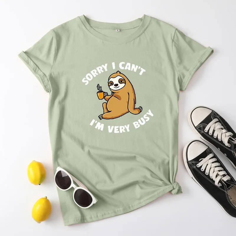 

S-6XL с героями мультфильмов, с принтом "Ленивец" милый футболки для женщин с круглым вырезом Симпатичная повседневная одежда женские летние ф...