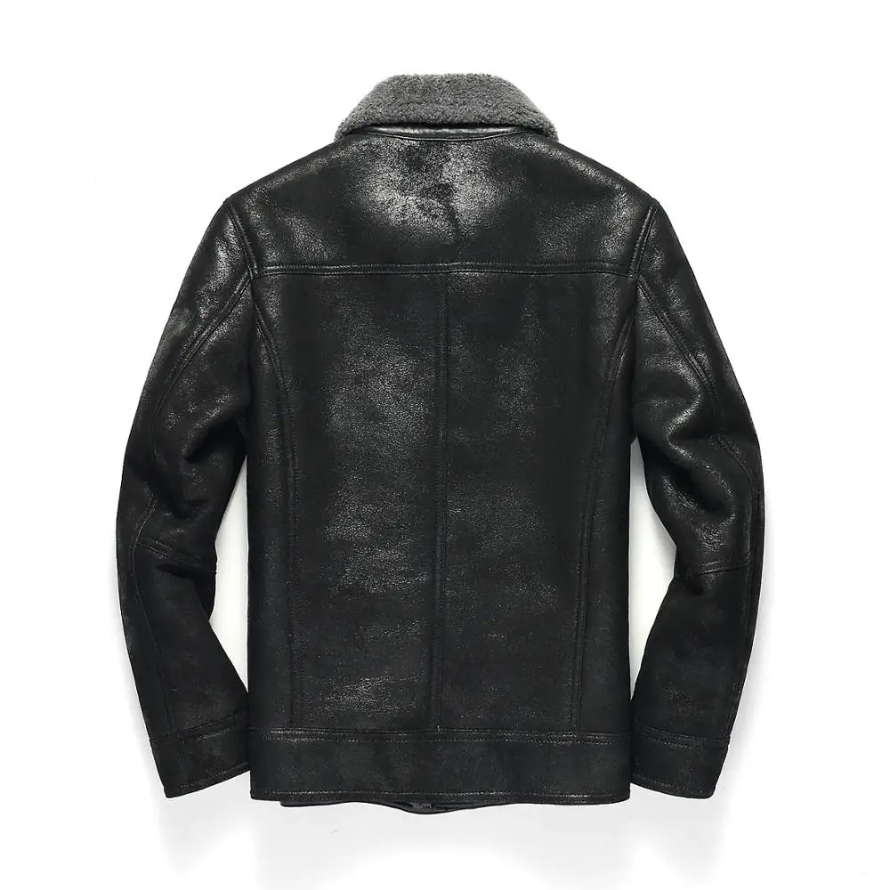 Мужская куртка из натуральной овчины черная с шерстяной подкладкой в стиле