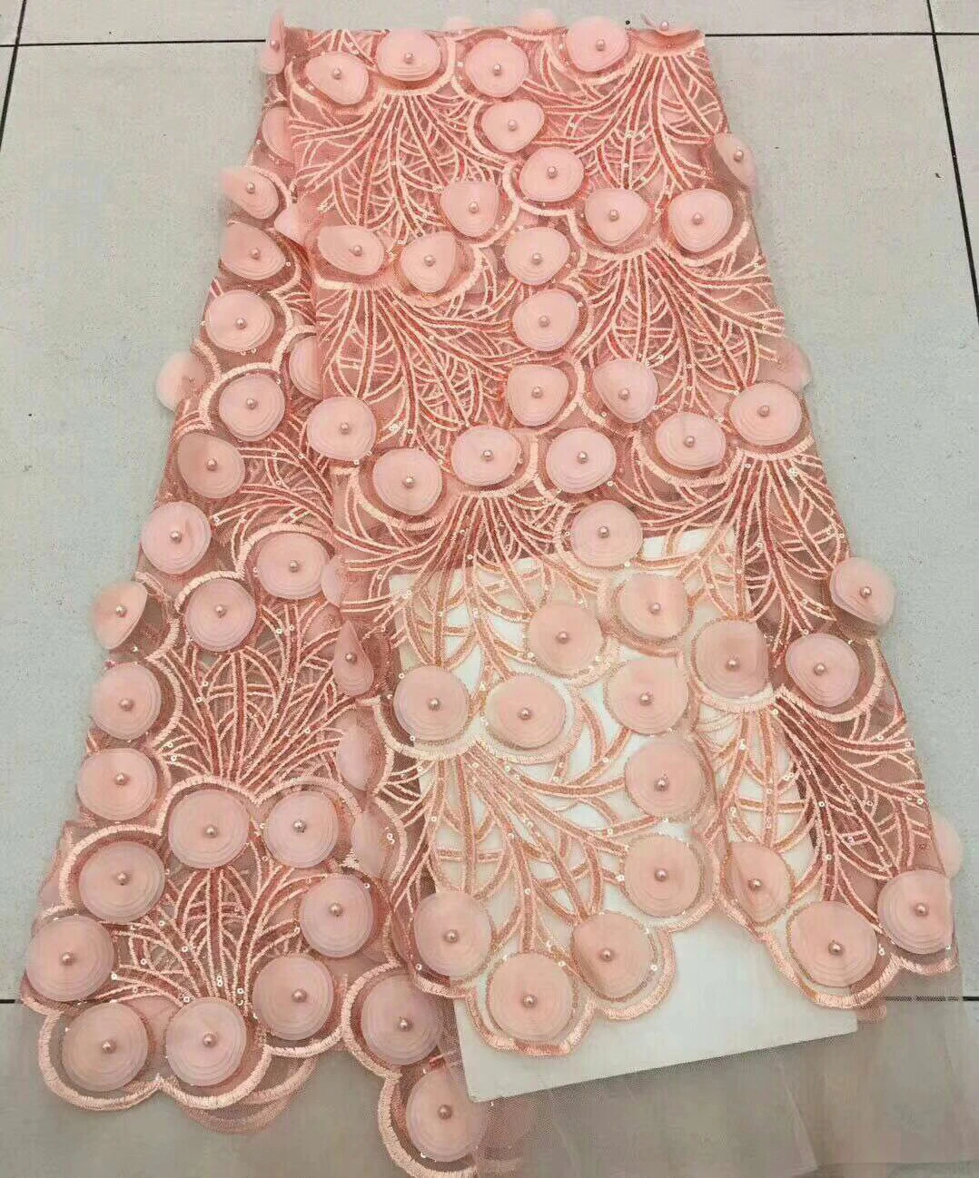 Розовое французское кружево ткань 3D бусины Цветочная вышивка высокое качество