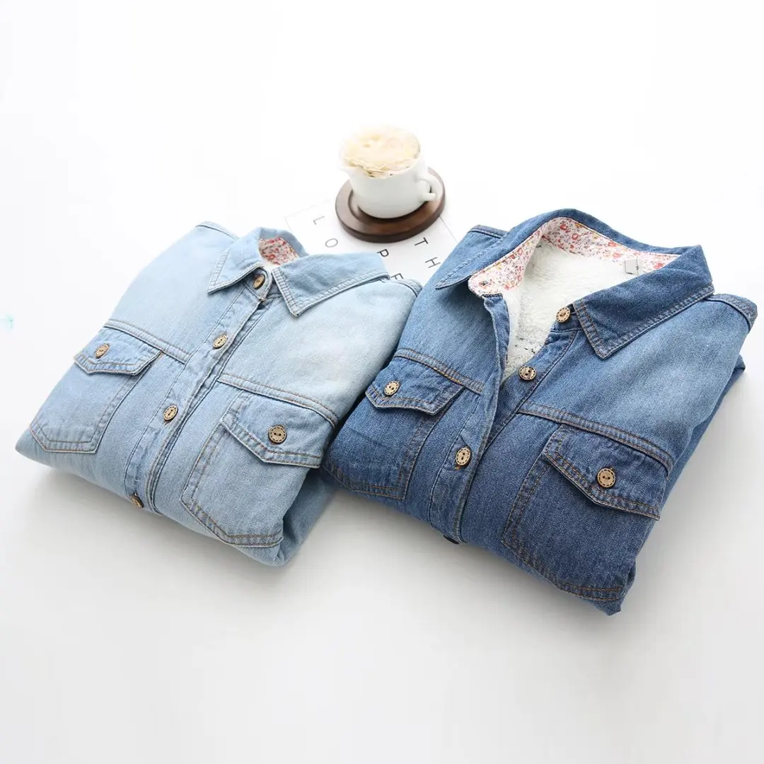 Блузка 2021 Новая женская джинсовая плотная рубашка с длинным рукавом Однотонная