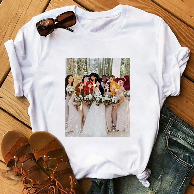 

Disney Wedding Princess Graphic Printed Women T-shirt Retro 90s Style Female Short Sleeved Top Casual Princess Clothes 13192
