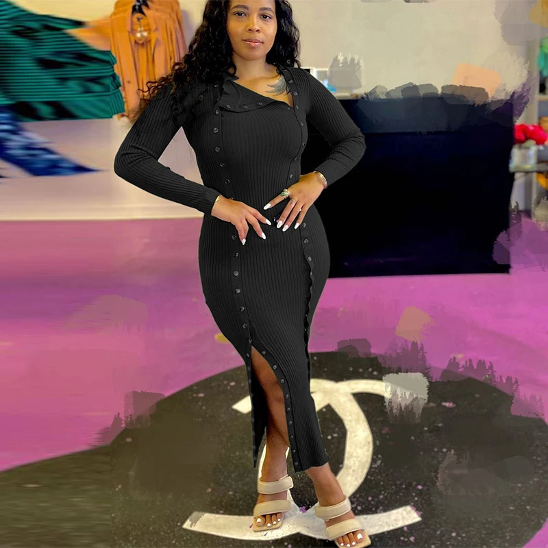 

New Designer Double Breasted Ribbed Knitted Dresses for Women Long Sleeve Side High Split Sheath Dress Stretchy Hight Robe Femme