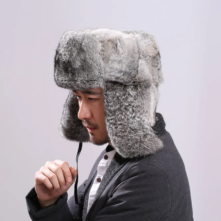 ICYMI Thick Warm Bomber Hat Men Real Rabbit Fur Earflap Trapper Russian Cap Male Plus Size Winter Hats for Men Ski Russian Hat