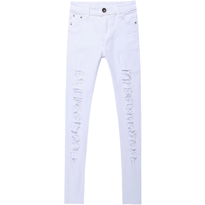 Женские джинсовые брюки с дырками черные и белые узкие карандаш для студентов
