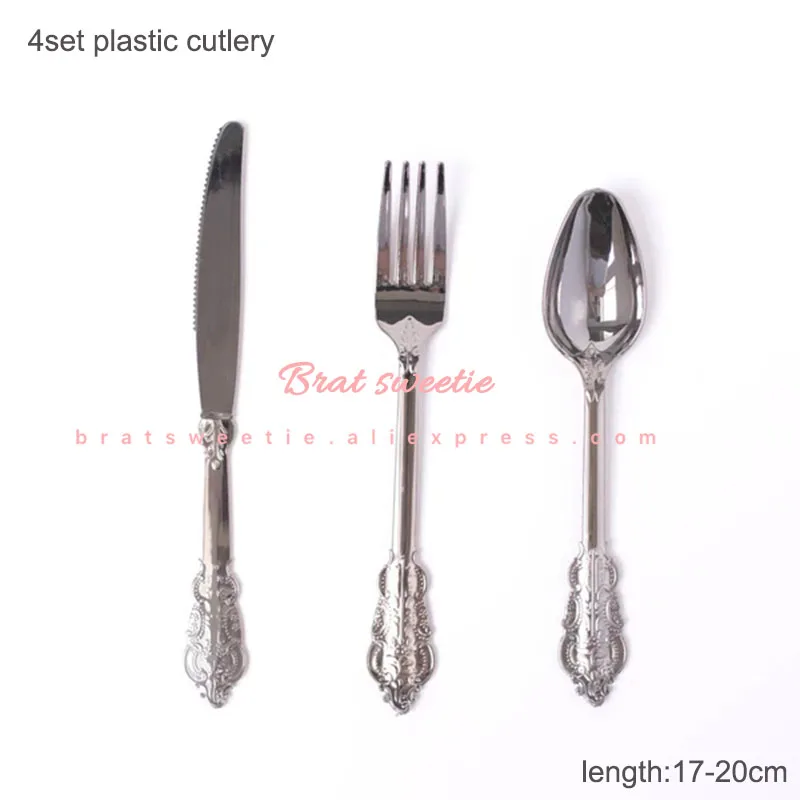 silver Cutlery Металлическая Серебряная одноразовая посуда бумажные соломинки тарелки Свадебные Рождественские украшения на день рождения принадлежности для взрослых - Цвет: silver Cutlery