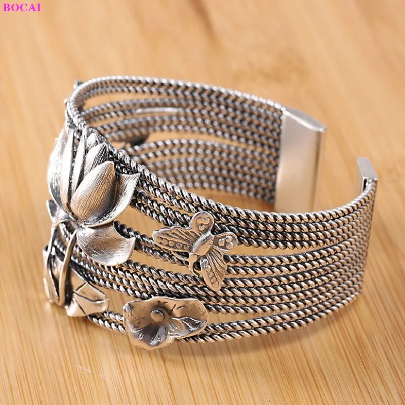 

BOCAI 100% S999 Sterling Silver Bangle Fashion Hollow Weaven Lotus Fish Pattern Hand Jewelry Pure Argentum Bracelet For Women