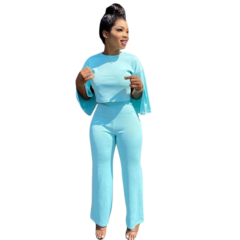 

Office Lady Women Solid Two Piece Tracksuit Fall Clothes Split Flare Sleeve Crop Top + Bodycon Straight Trouser Matching Outfit