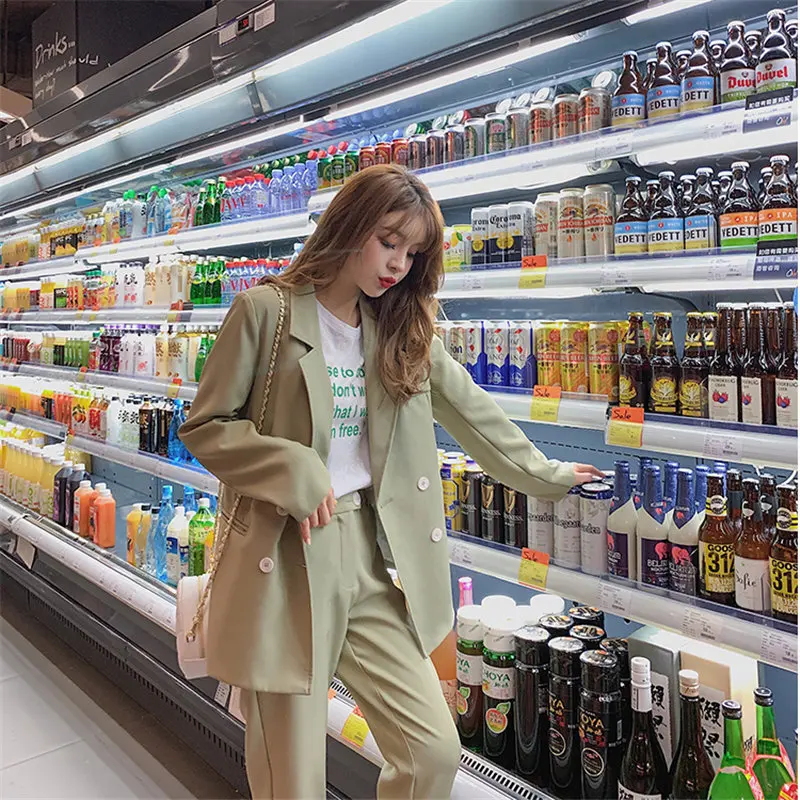 

Alien Kitty 2019 Hot Green Elegant Autumn Office Ladies Blazers+Straight Pants Feminine Suits All Match Women Two Pieces Sets