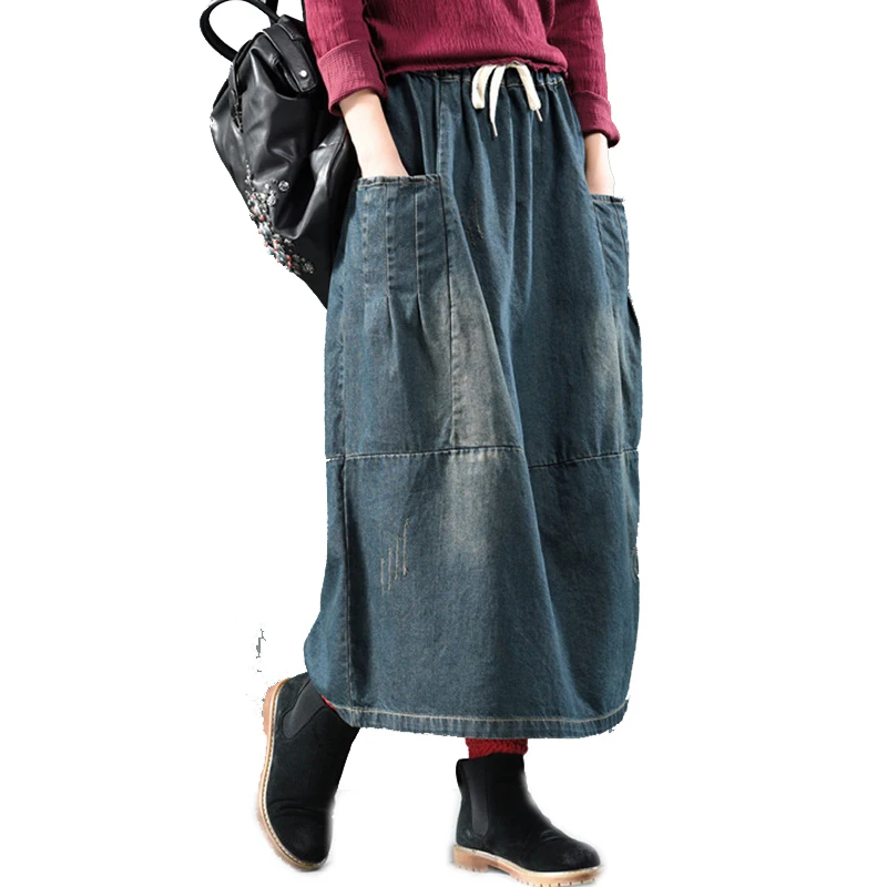 Женская джинсовая юбка в стиле ретро винтажная модная длинная свободная с
