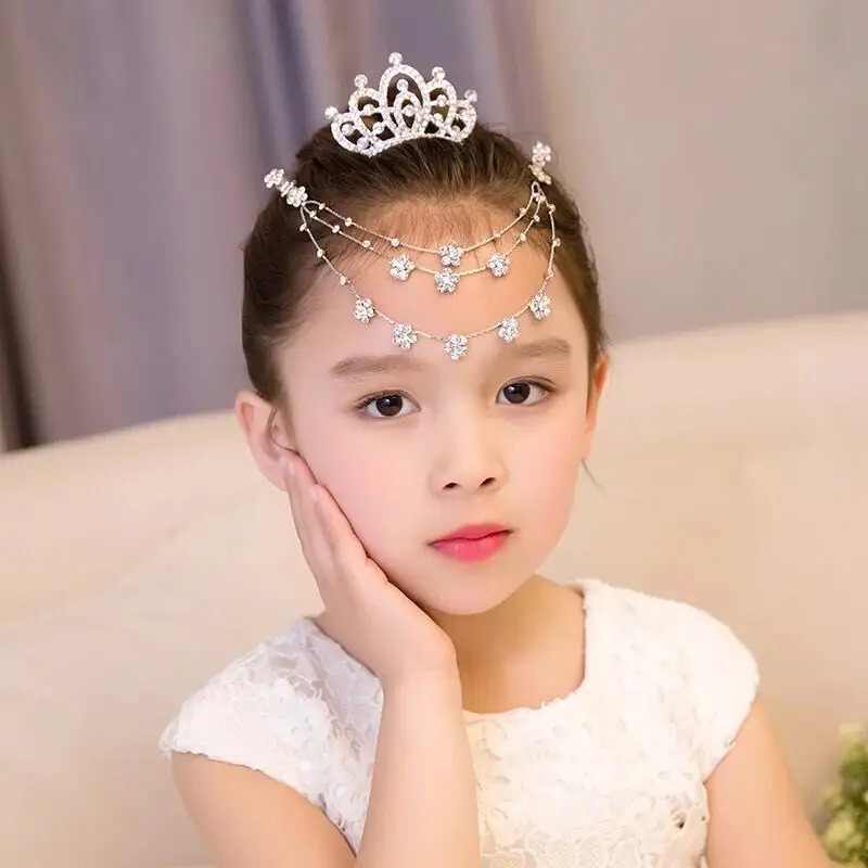 

Crown headdress children's crystal diamond forehead brow heart chain plate hair ornament girl hairpin princess hairpin crown set