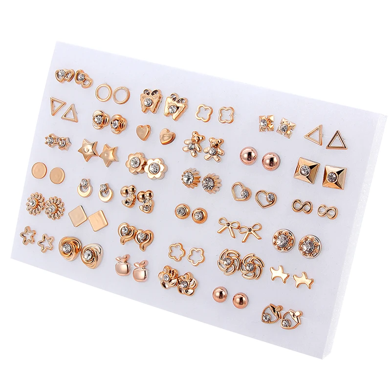 

36 Pairs/Set Mixed Style Anti Allergic Cute Animal Star Bow Crystal Stud Earrings Set Gold Color Plastic Small Earring For Women