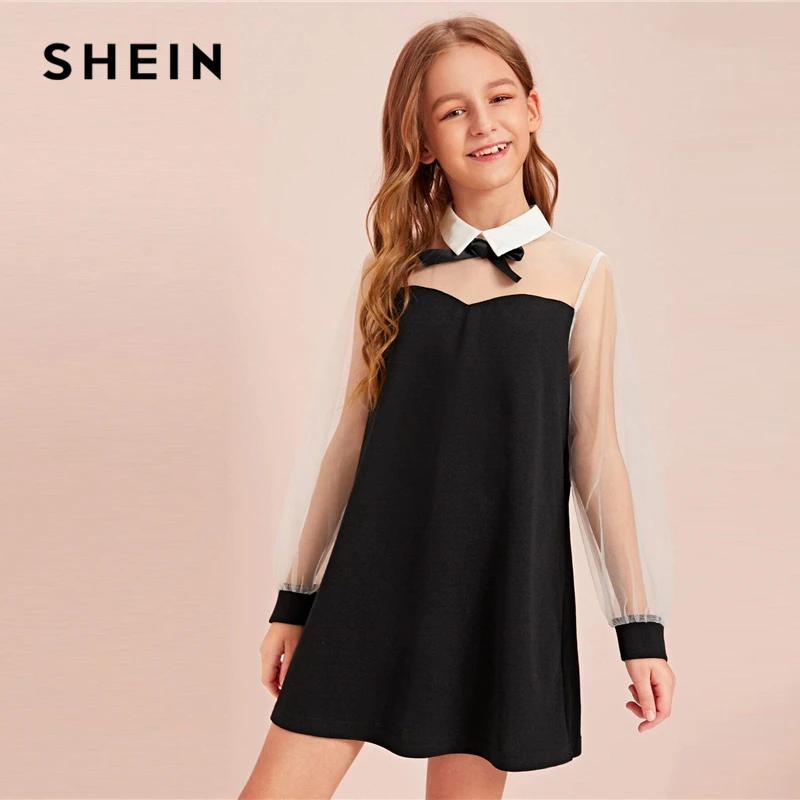 SHEIN Kiddie черный воротник бант спереди обувь для девочек консервативный дизайн платье осень контрастный сетчатый рукав пуговицы сзади линии Короткие милые платья
