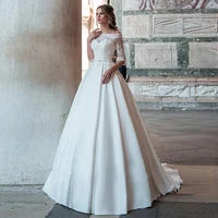 wonderful satin off the shoulder neckline a line wedding dress lace applique half sleeves beading sash bridal gowns