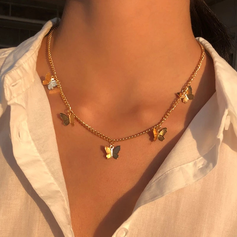 

ABAYABAY Little Butterfly Pendant Necklace Women Collar Female Shining Accessories Party Trendy Girl Gold Chain Jewelry
