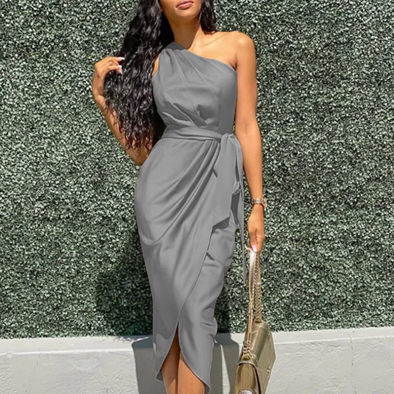 

2021 Women's Dress New Irregular Slant Shoulder Belt Slim Satin Dress