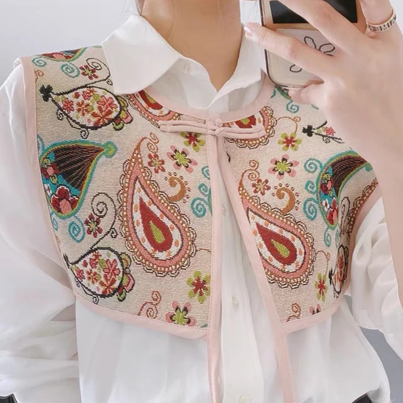 

Women Embroidered Shoulder Scarf Shawl Vintage Floral Shirt Fake Collars Lace-Up Decorative Neck Cover Detachable Collar Cape