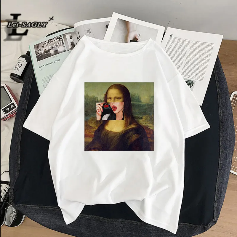 Lei SAGLY Mona Lisa smokes женские футболки художественная картина маслом Harajuku Эстетическая ulzzang негабаритная футболка Корейская одежда
