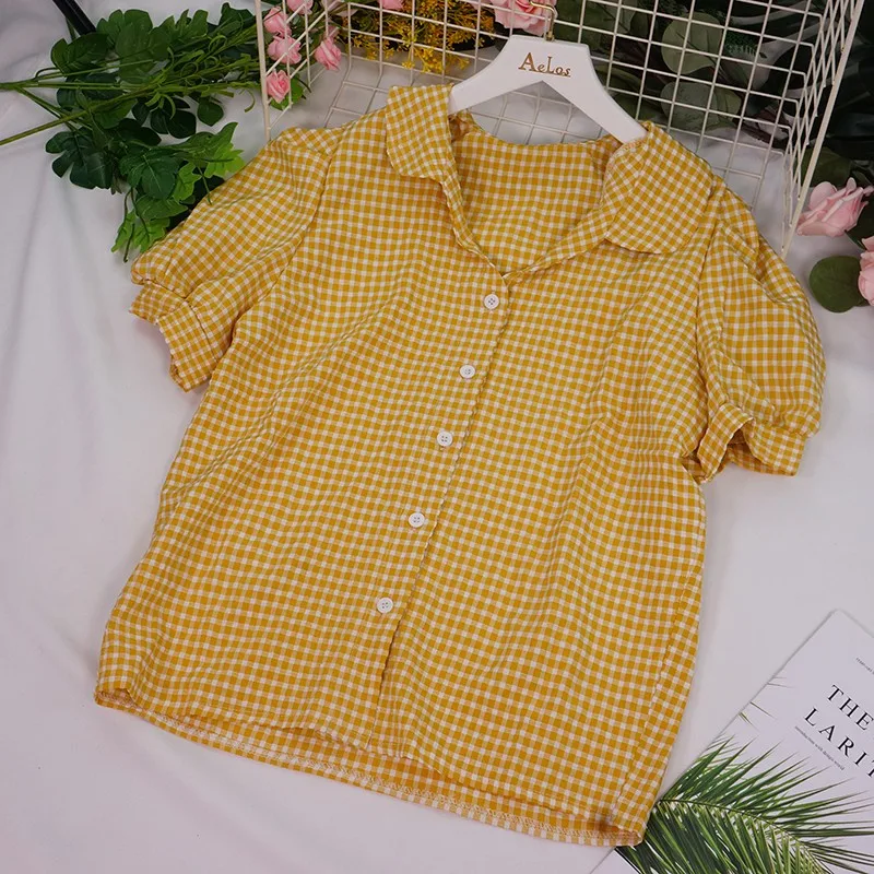 

Women Button Up Plaid Shirt Summer V neck Ladies Sexy Short Sleeve Casual Tops Fashion Clothes Blouses