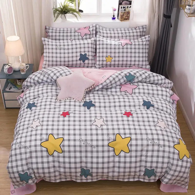 

Bedding Set Bedclothes Kawaii Stars Kids Child Girl Plaid Duvet Cover Pillowcases Sheet Set Twin Full Queen King Size Bed Sets