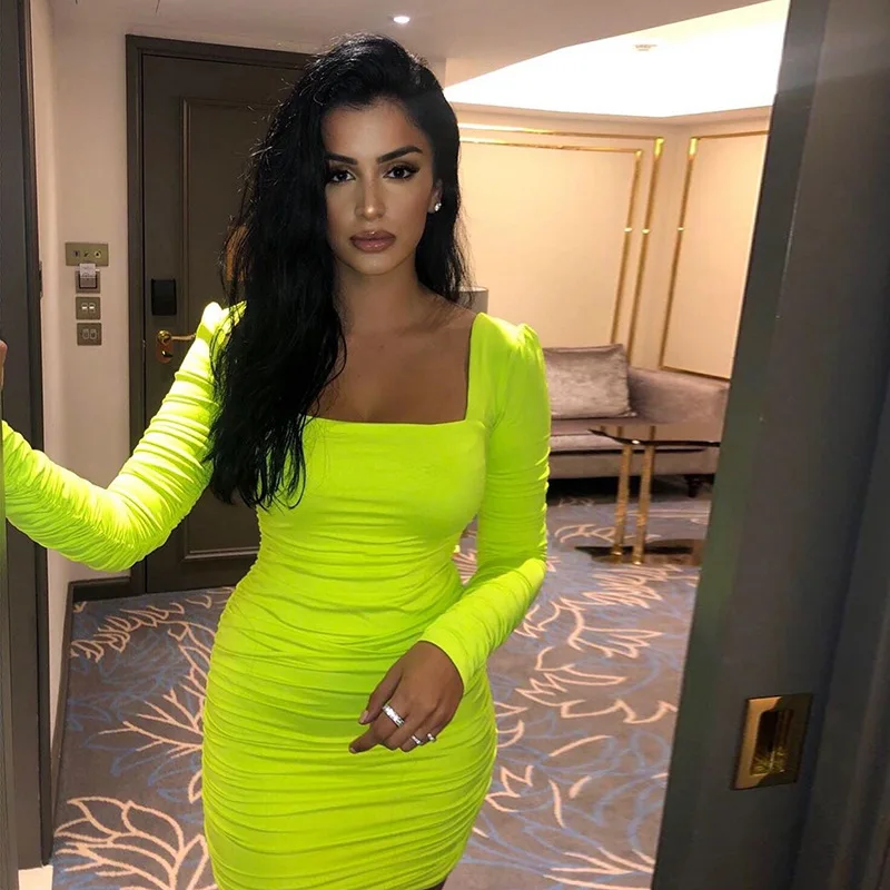 

Solid Ruched Square Collar Autumn Dresses Women Long Sleeves Sexy Club Party Dress Female Slim Mini Dress2022 New Year Dress